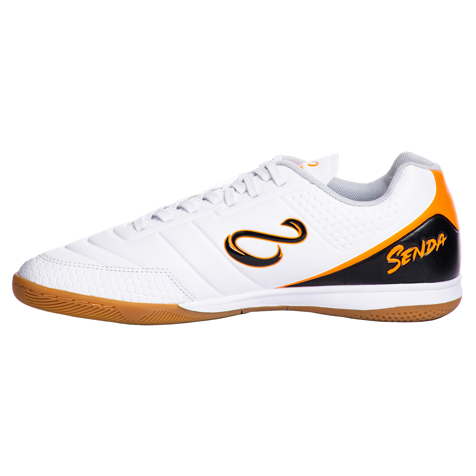 Full side view of Senda Ushuaia Academy indoor soccer shoes in white with black heel and orange accents on gum sole.

