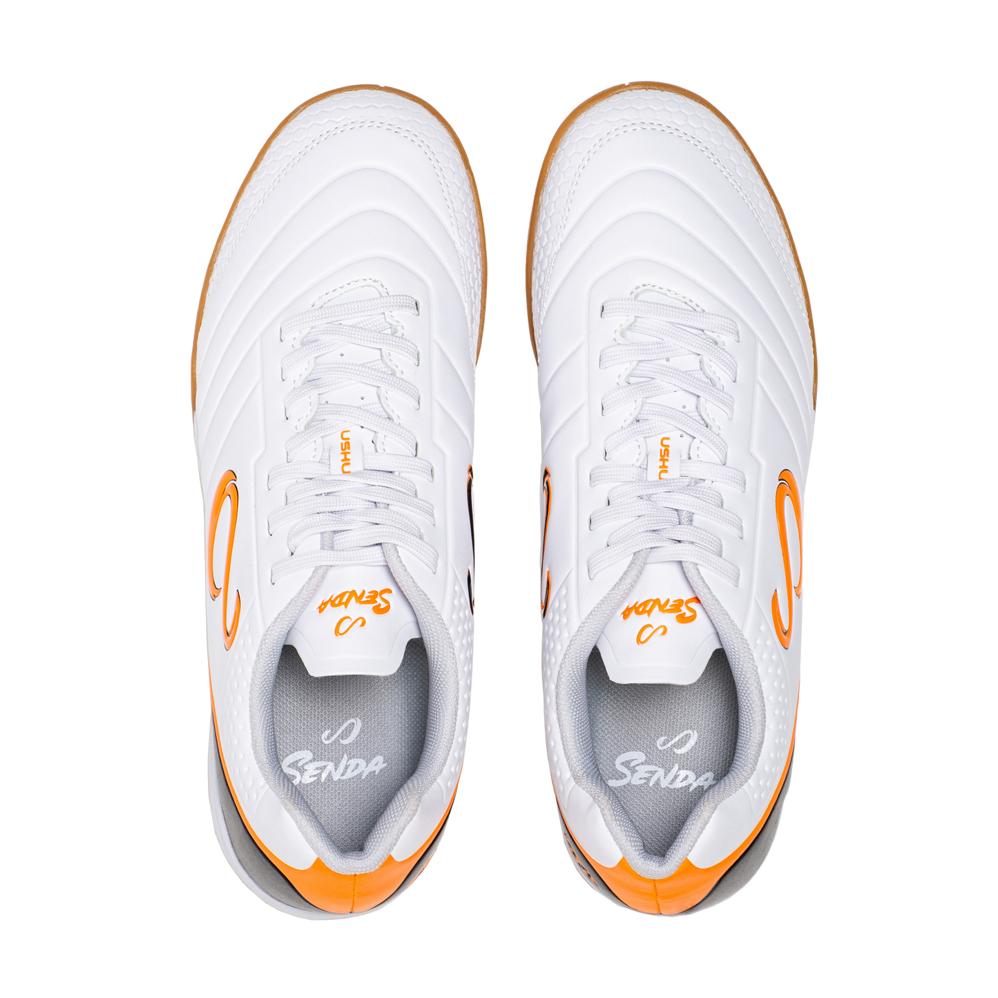 Top-down view of Senda Ushuaia Academy White futsal shoes showing symmetrical lace-up design and clean upper finish.

