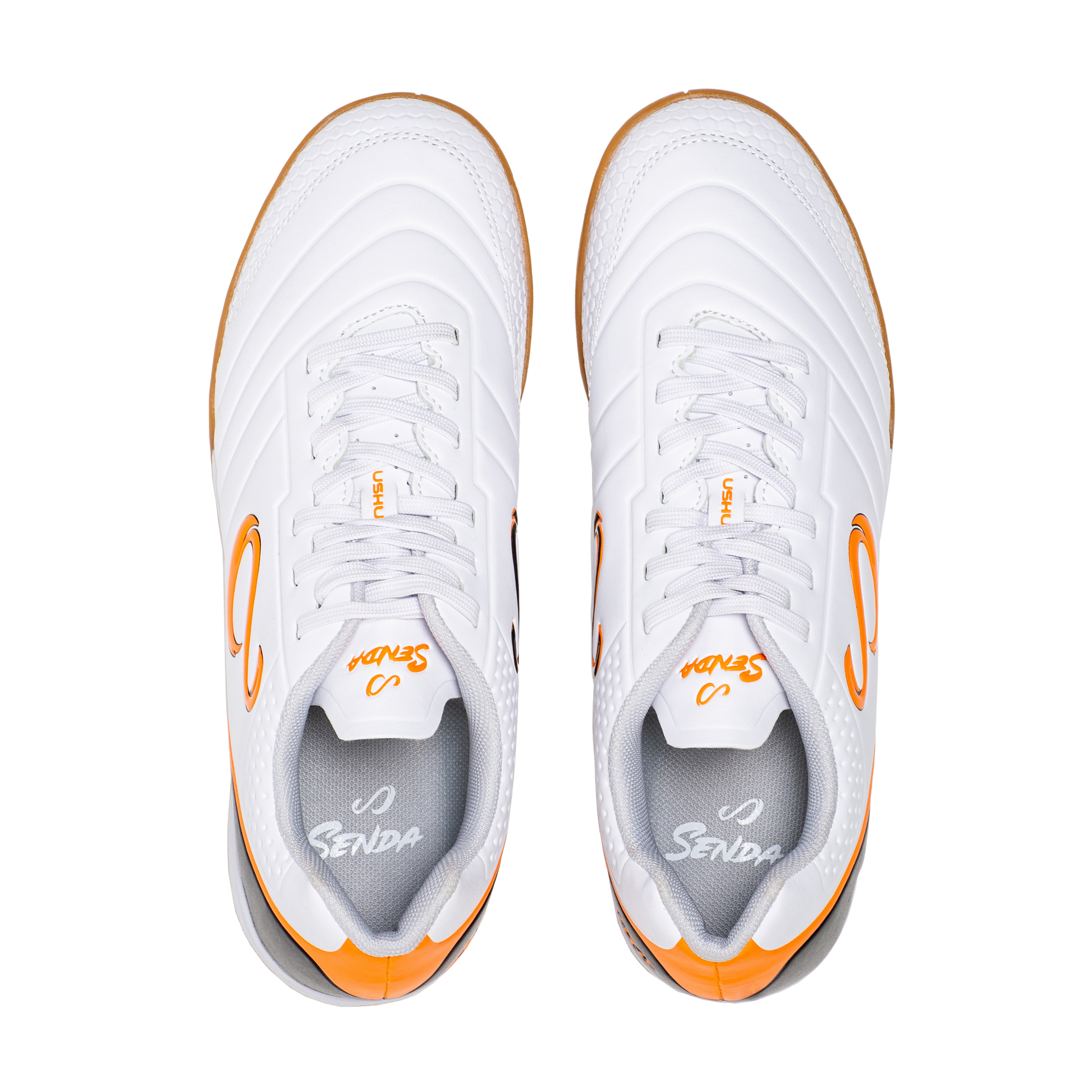 Top-down view of Senda Ushuaia Academy White futsal shoes showing symmetrical lace-up design and clean upper finish.

