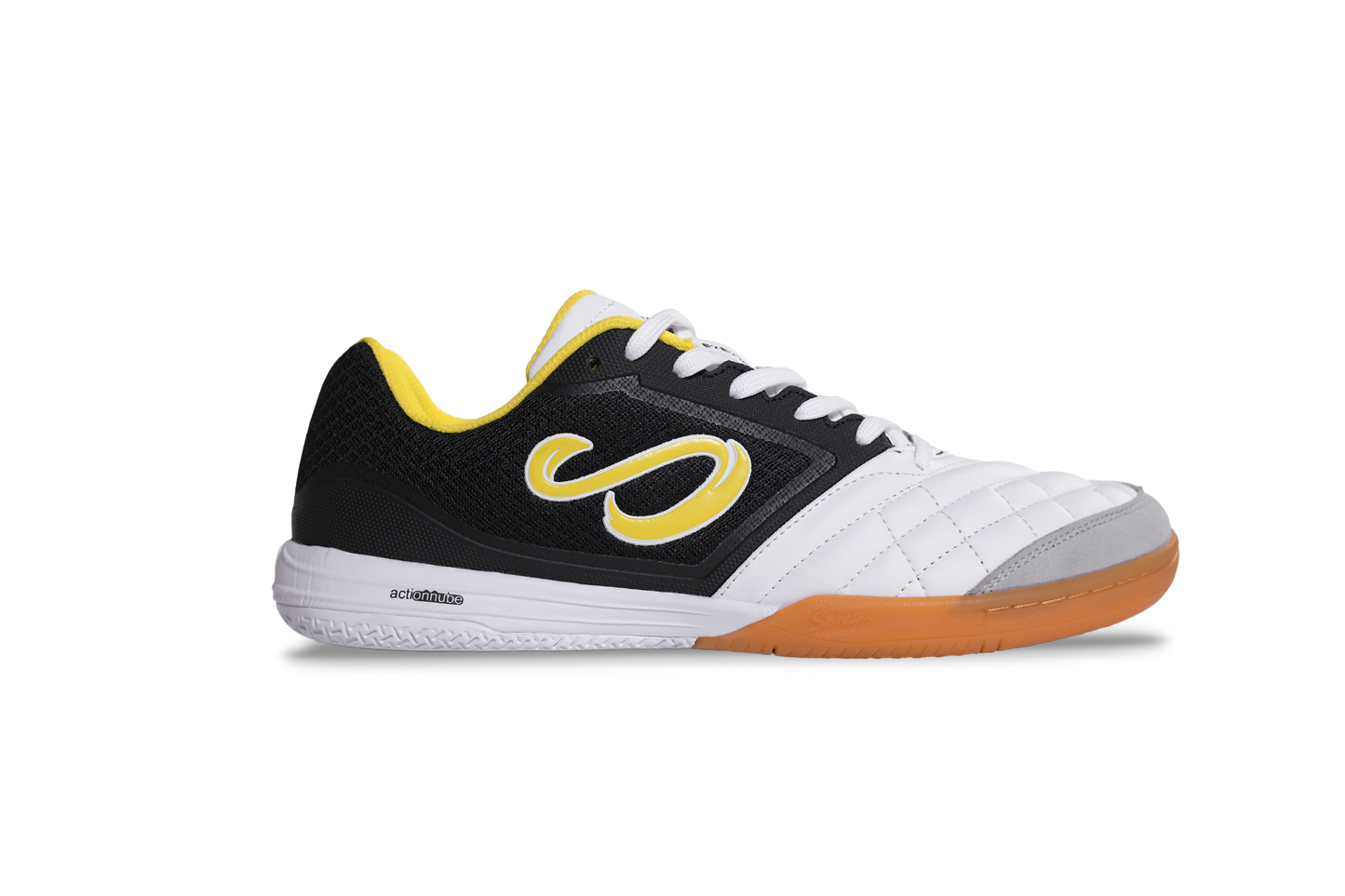Side profile of Senda Ushuaia Club 2.0 futsal shoe in white with yellow and black accents, showcasing Actionnube technology on sole.

