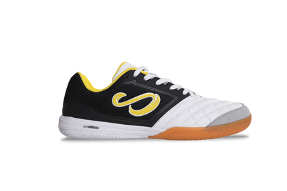 Side profile of Senda Ushuaia Club 2.0 futsal shoe in white with yellow and black accents, showcasing Actionnube technology on sole.

