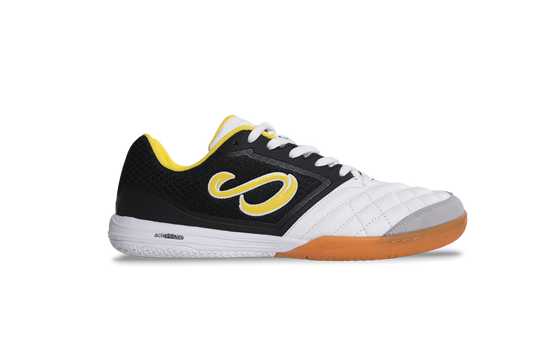 Side profile of Senda Ushuaia Club 2.0 futsal shoe in white with yellow and black accents, showcasing Actionnube technology on sole.

