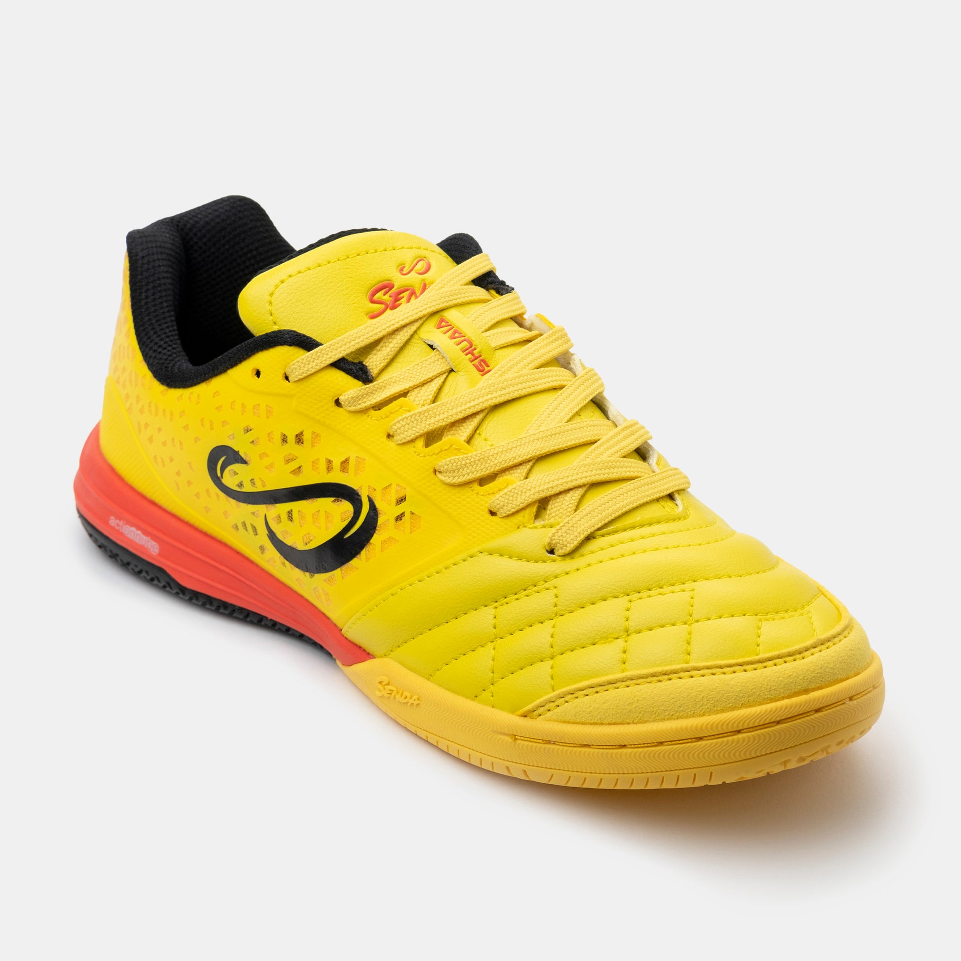 Diagonal front view of Senda Ushuaia Pro 2.0 yellow indoor soccer shoes showing lace-up design and stitched forefoot panel.

