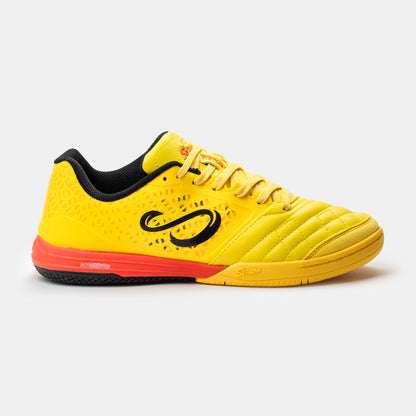 Side view of Senda Ushuaia Pro 2.0 yellow futsal shoes showing black S logo and quilted upper for precision control.

