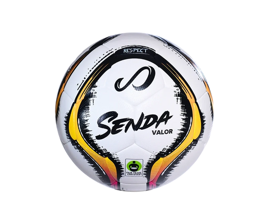 Senda Valor Premium Match Soccer Ball with Fair Trade Certified label and durable yellow-black design for elite-level performance.


