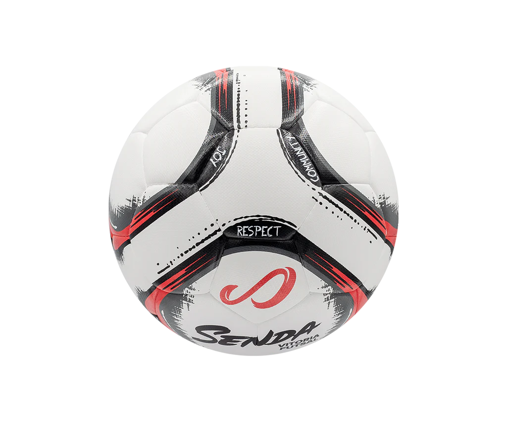 Side view of Senda Vitoria futsal ball showing RESPECT panel and red-black streak design, engineered for precision and fair play values.

