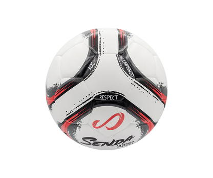 Side view of Senda Vitoria futsal ball showing RESPECT panel and red-black streak design, engineered for precision and fair play values.

