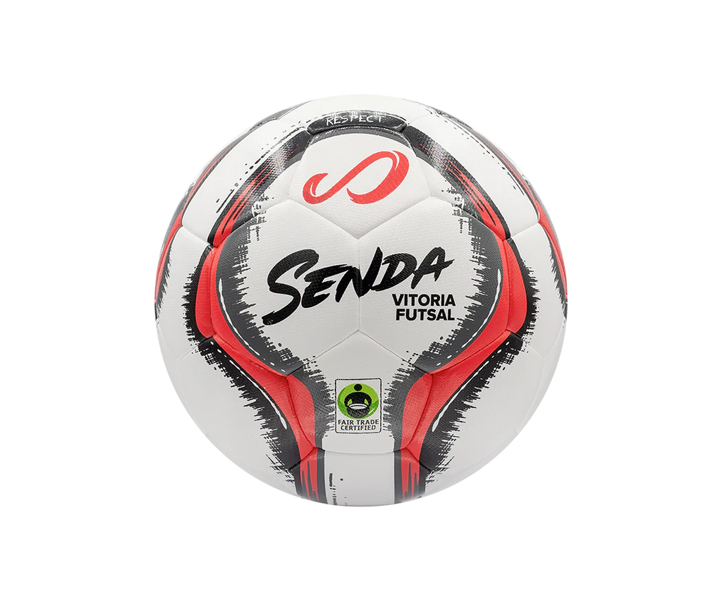 Front view of the Senda Vitoria Premium Match Futsal Ball featuring red and black graphic panels, Senda logo, and Fair Trade Certified badge.

