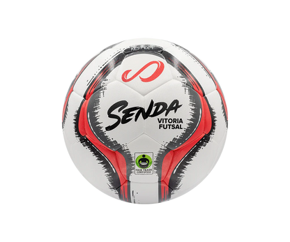 Front view of the Senda Vitoria Premium Match Futsal Ball featuring red and black graphic panels, Senda logo, and Fair Trade Certified badge.

