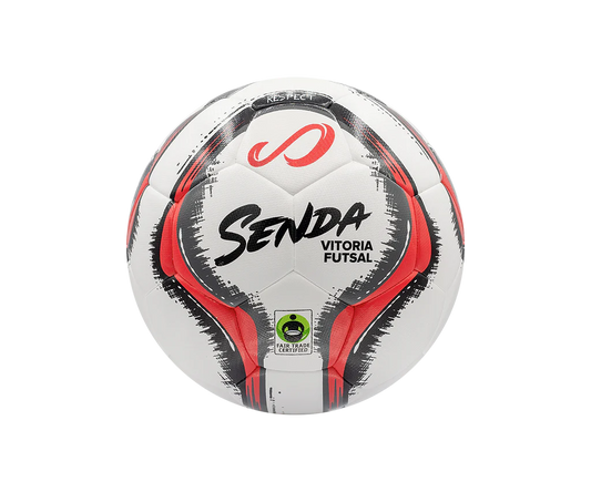 Front view of the Senda Vitoria Premium Match Futsal Ball featuring red and black graphic panels, Senda logo, and Fair Trade Certified badge.

