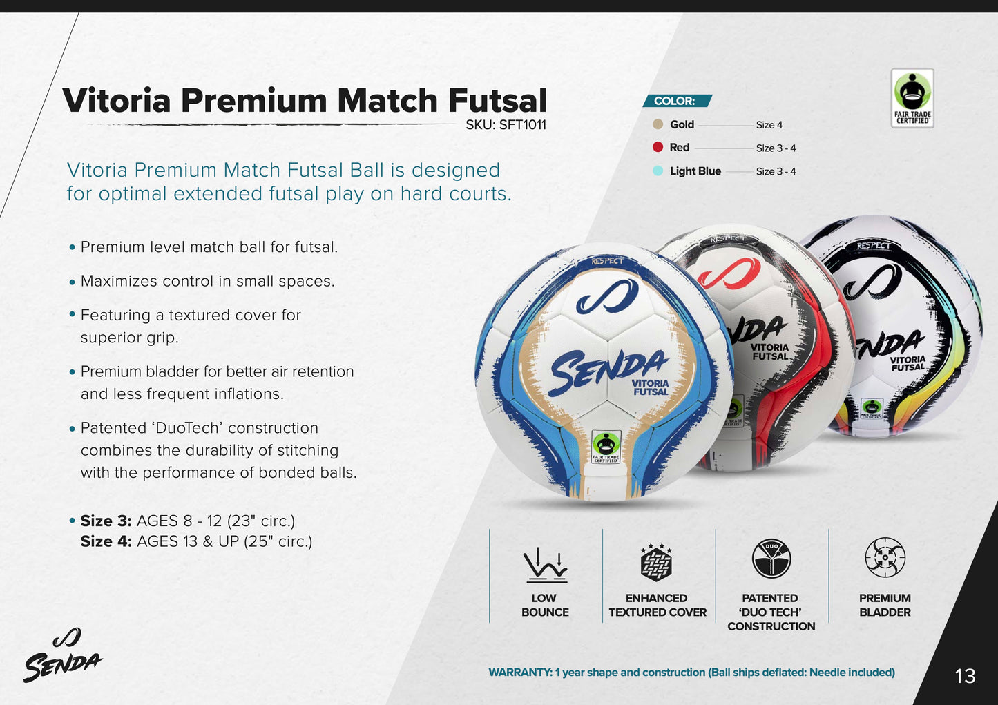Informational card showing Senda Vitoria Premium Match Futsal Ball features, colors, and size options for high-level futsal performance.


