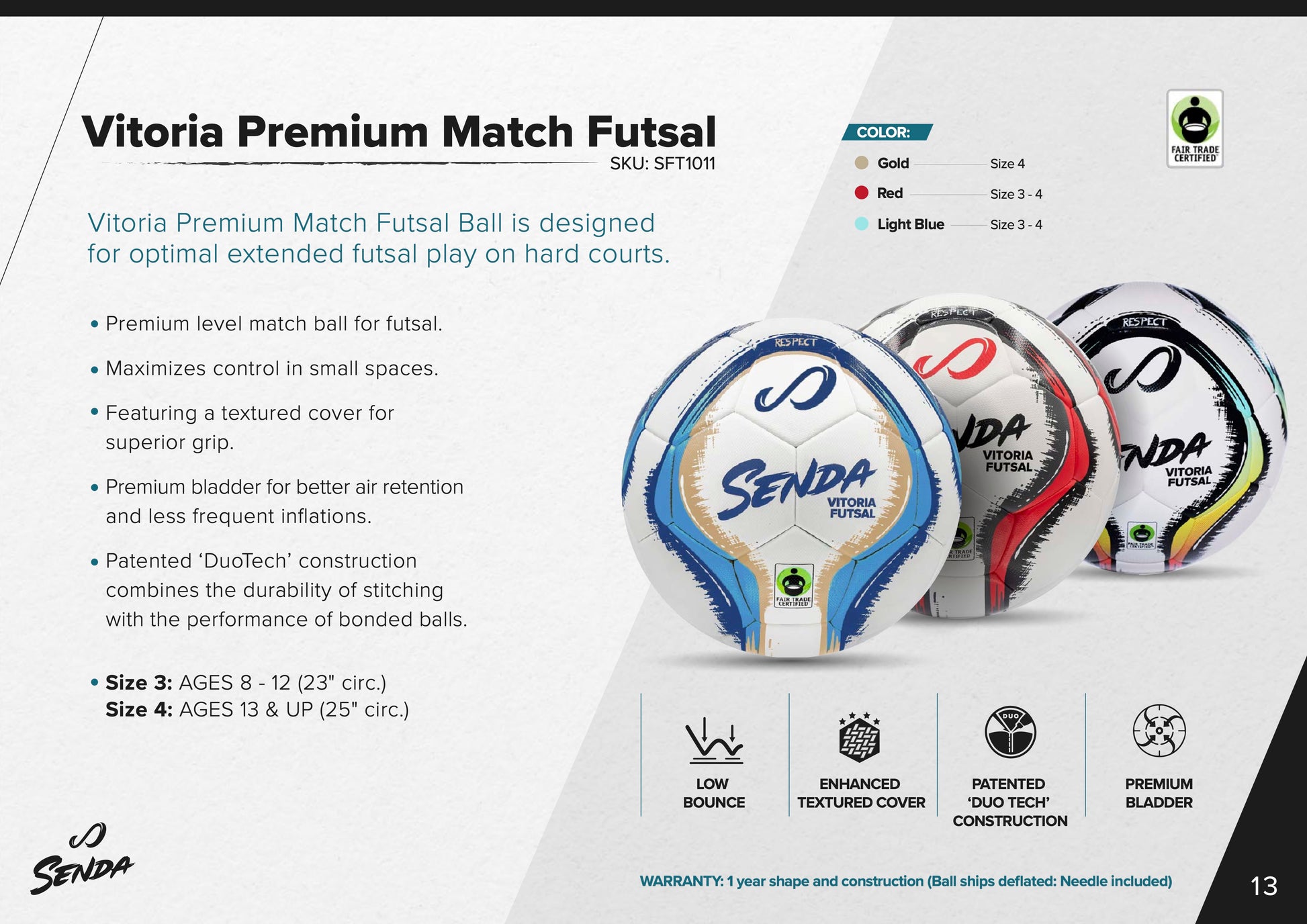 Informational card showing Senda Vitoria Premium Match Futsal Ball features, colors, and size options for high-level futsal performance.

