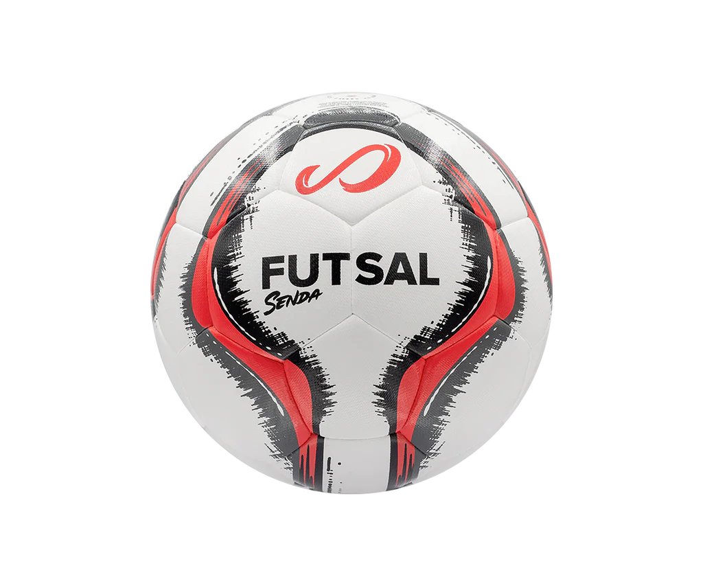 Front view of the Senda Vitoria Premium Match Futsal Ball featuring bold black FUTSAL text and red-black panel graphics designed for indoor play.


