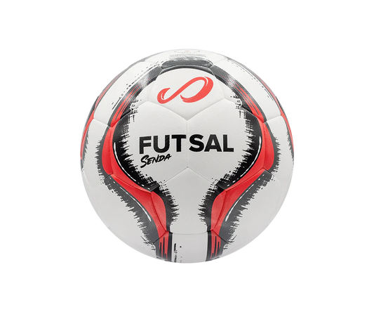 Front view of the Senda Vitoria Premium Match Futsal Ball featuring bold black FUTSAL text and red-black panel graphics designed for indoor play.


