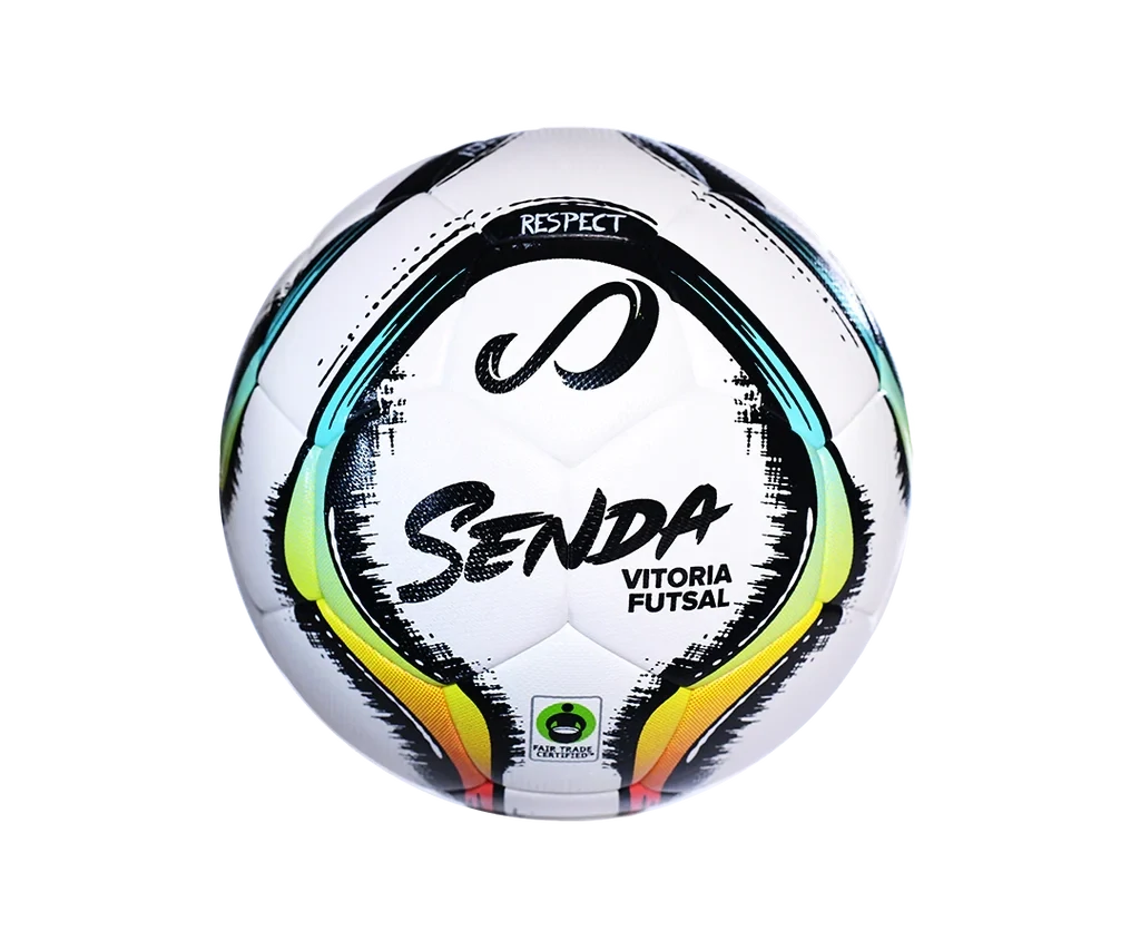 Front view of Senda Vitoria Premium Match Futsal Ball in light blue color with RESPECT panel and Fair Trade logo for ethical performance play.

