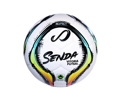 Front view of Senda Vitoria Premium Match Futsal Ball in light blue color with RESPECT panel and Fair Trade logo for ethical performance play.

