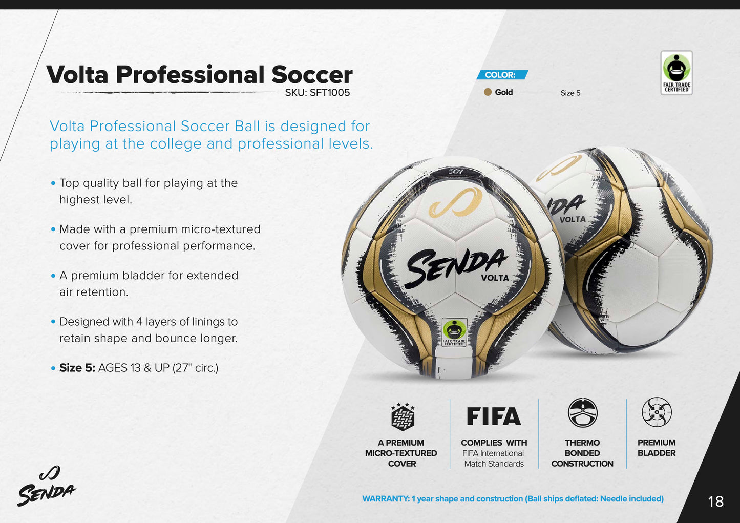 Senda Volta Professional Soccer Ball specification sheet highlighting features like micro-textured cover, FIFA match standard compliance, and Fair Trade certification.

