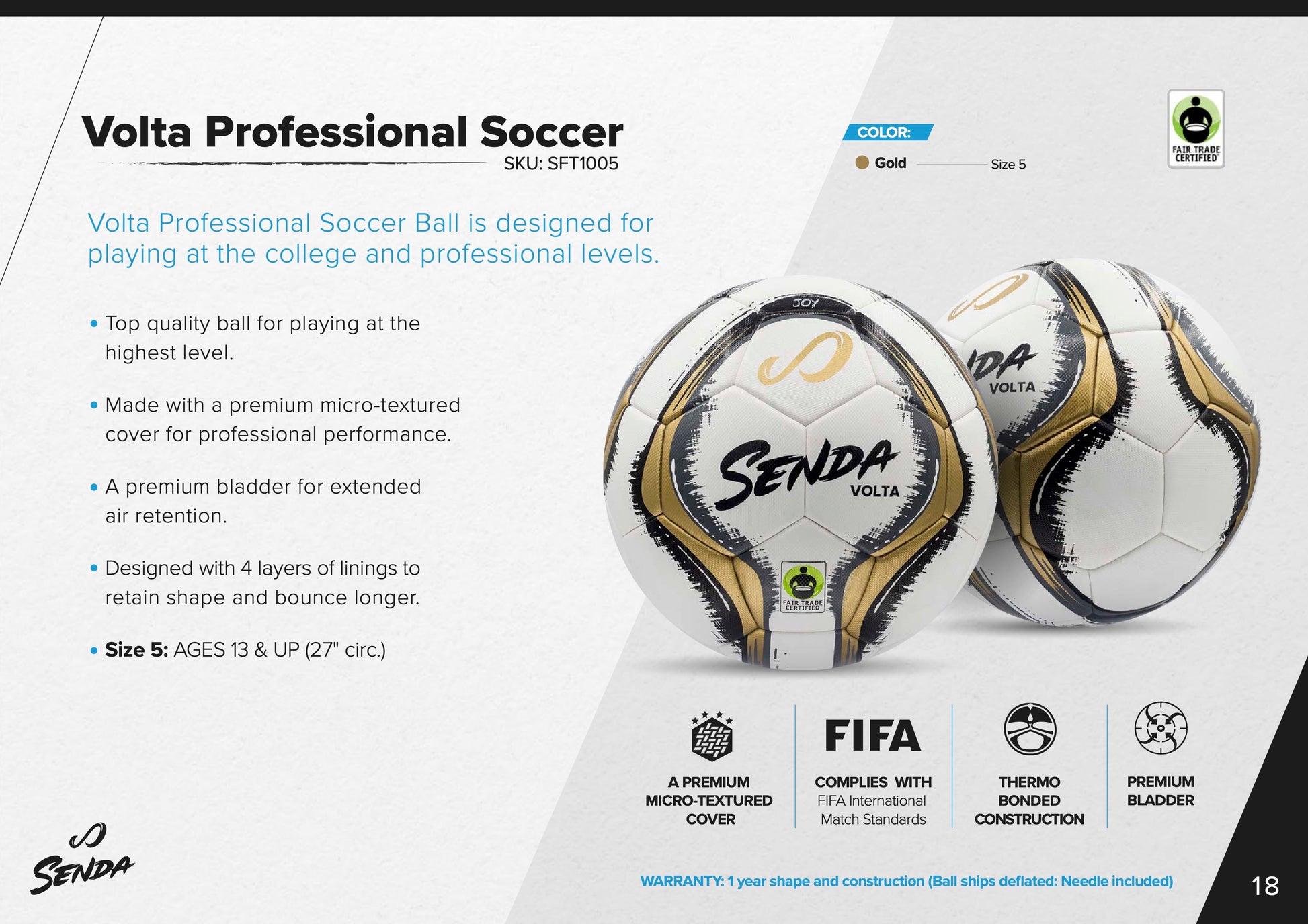 Senda Volta Professional Soccer Ball specification sheet highlighting features like micro-textured cover, FIFA match standard compliance, and Fair Trade certification.

