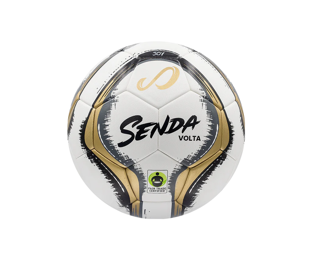 Front view of Senda Volta soccer ball featuring gold and black brushstroke design with Fair Trade Certified logo and durable panel stitching.


