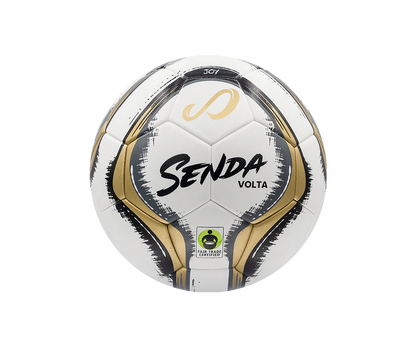 Front view of Senda Volta soccer ball featuring gold and black brushstroke design with Fair Trade Certified logo and durable panel stitching.

