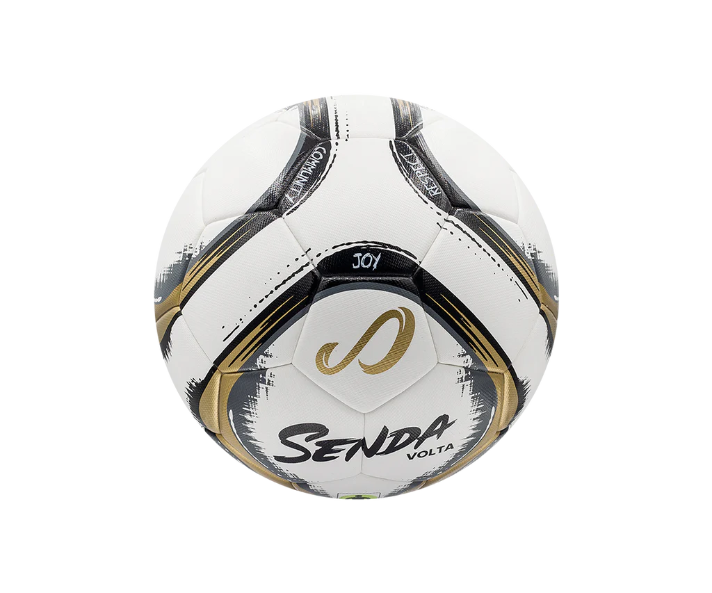 Top panel view of the Senda Volta soccer ball highlighting precision stitching and the gold Senda logo on a white background.

