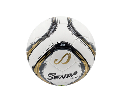 Top panel view of the Senda Volta soccer ball highlighting precision stitching and the gold Senda logo on a white background.

